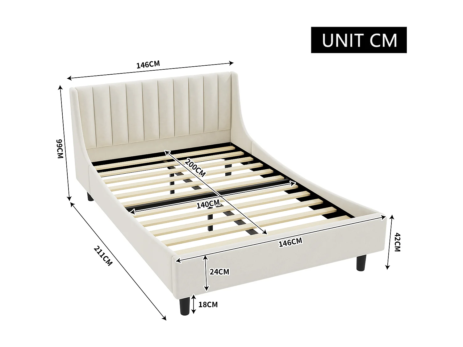 Cama estofada 140 x 200 com cabeceira - veludo - base de ripas - bege (sem colchão)