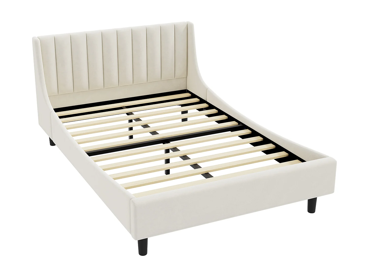 Cama estofada 140 x 200 com cabeceira - veludo - base de ripas - bege (sem colchão)