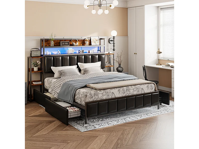 Cama tapizada 160 x 200 cm con 2 cajones - Polipiel y metal - Cabecero con almacenaje y LED - Negro (sin colchón)