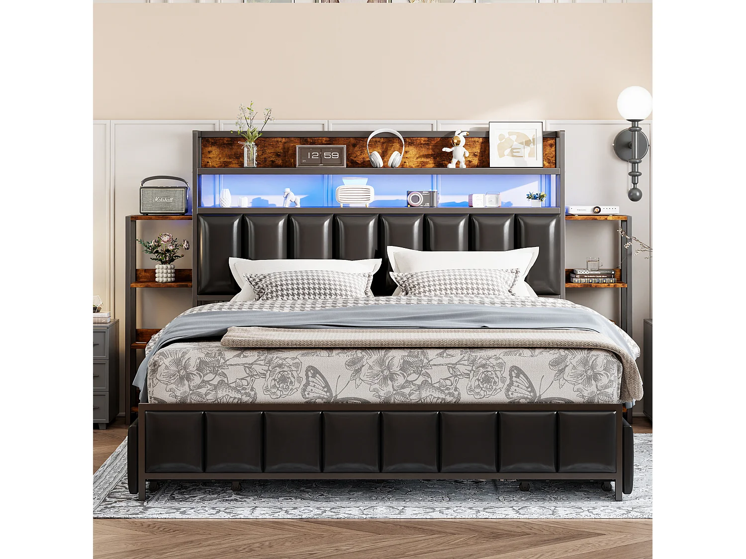 Gestoffeerd bed 160 x 200 cm met 2 lades - Kunstleer en metaal - Hoofdeinde met opbergruimte en LED's - Zwart (zonder matras)