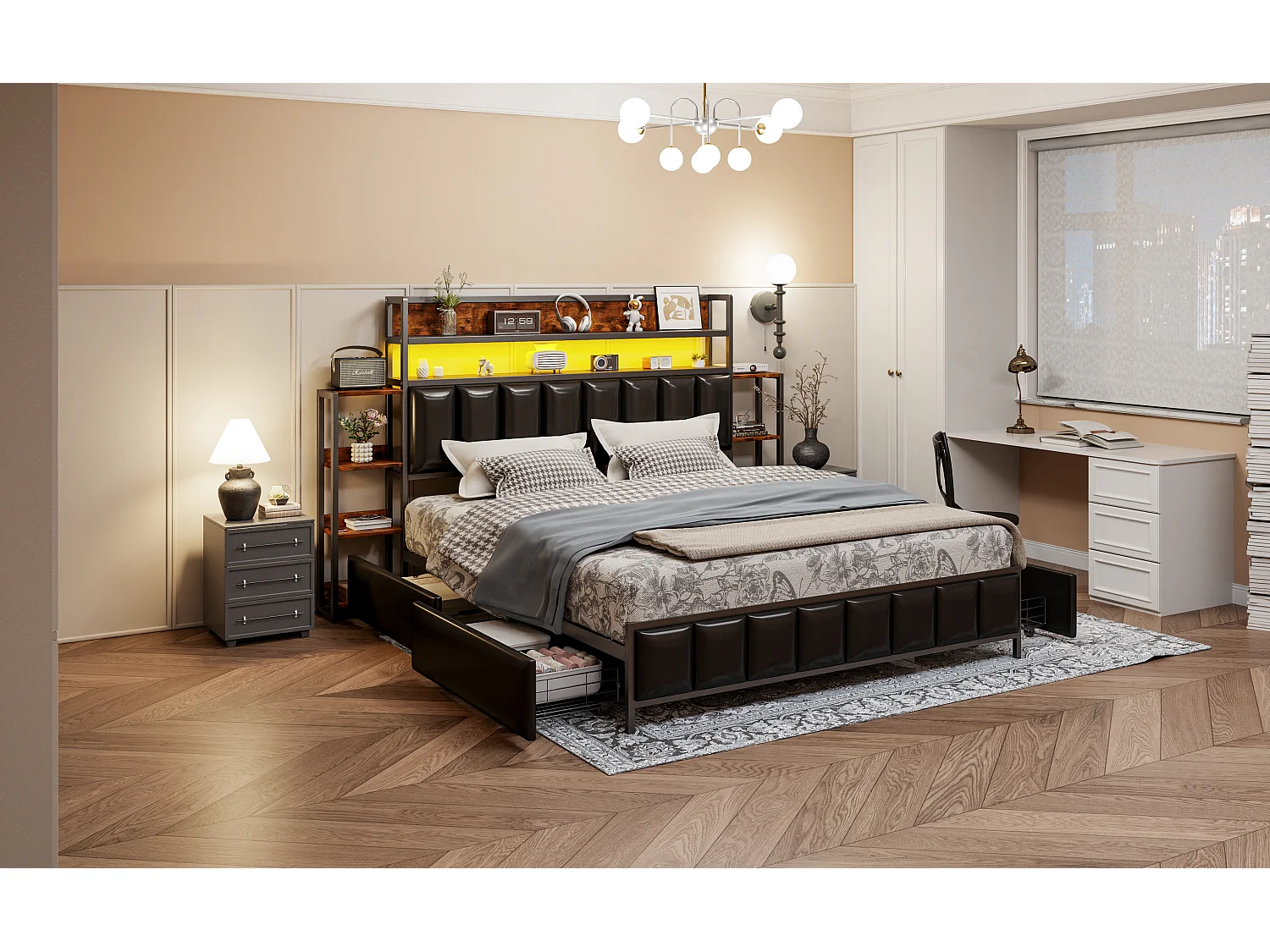 Gestoffeerd bed 160 x 200 cm met 2 lades - Kunstleer en metaal - Hoofdeinde met opbergruimte en LED's - Zwart (zonder matras)