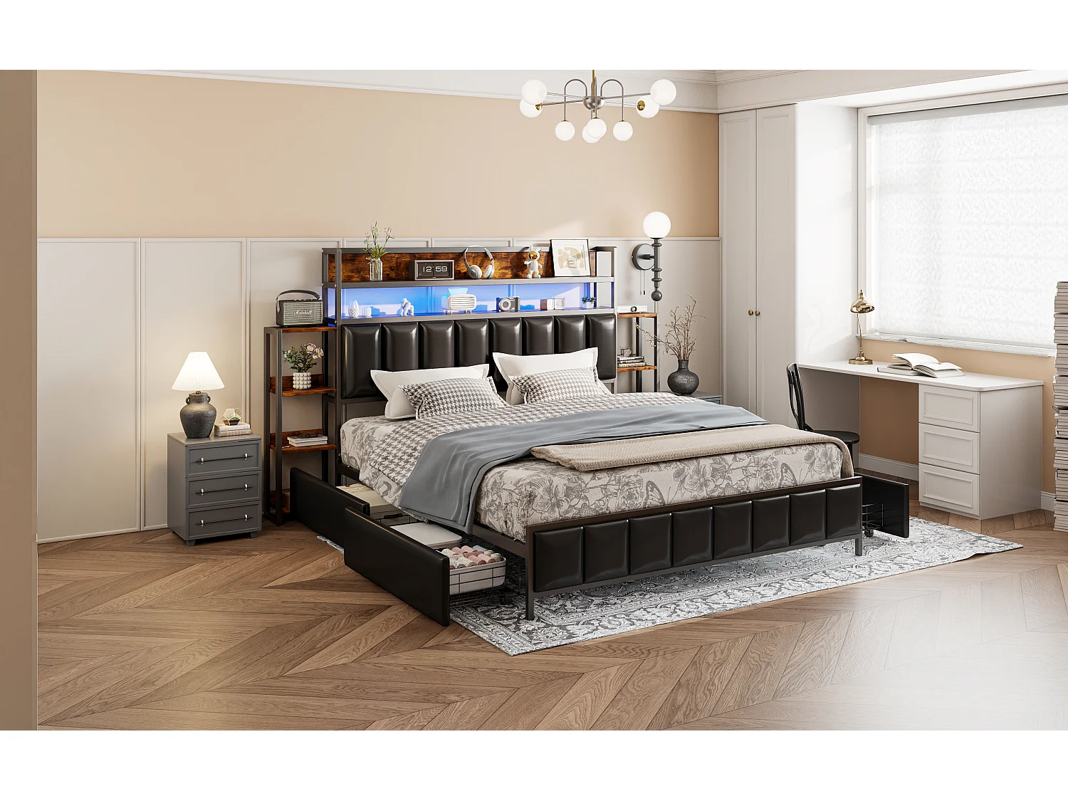 Gestoffeerd bed 160 x 200 cm met 2 lades - Kunstleer en metaal - Hoofdeinde met opbergruimte en LED's - Zwart (zonder matras)