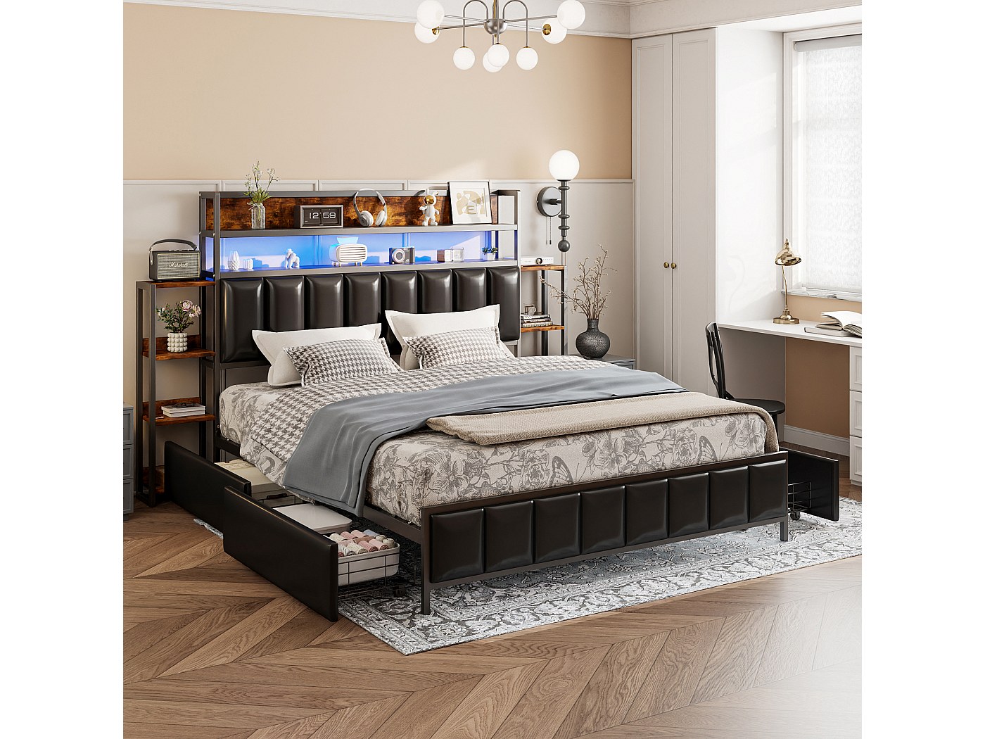 Letto 90 x 200 cm con 2 cassetti, ripiani portaoggetti e 2 prese USB