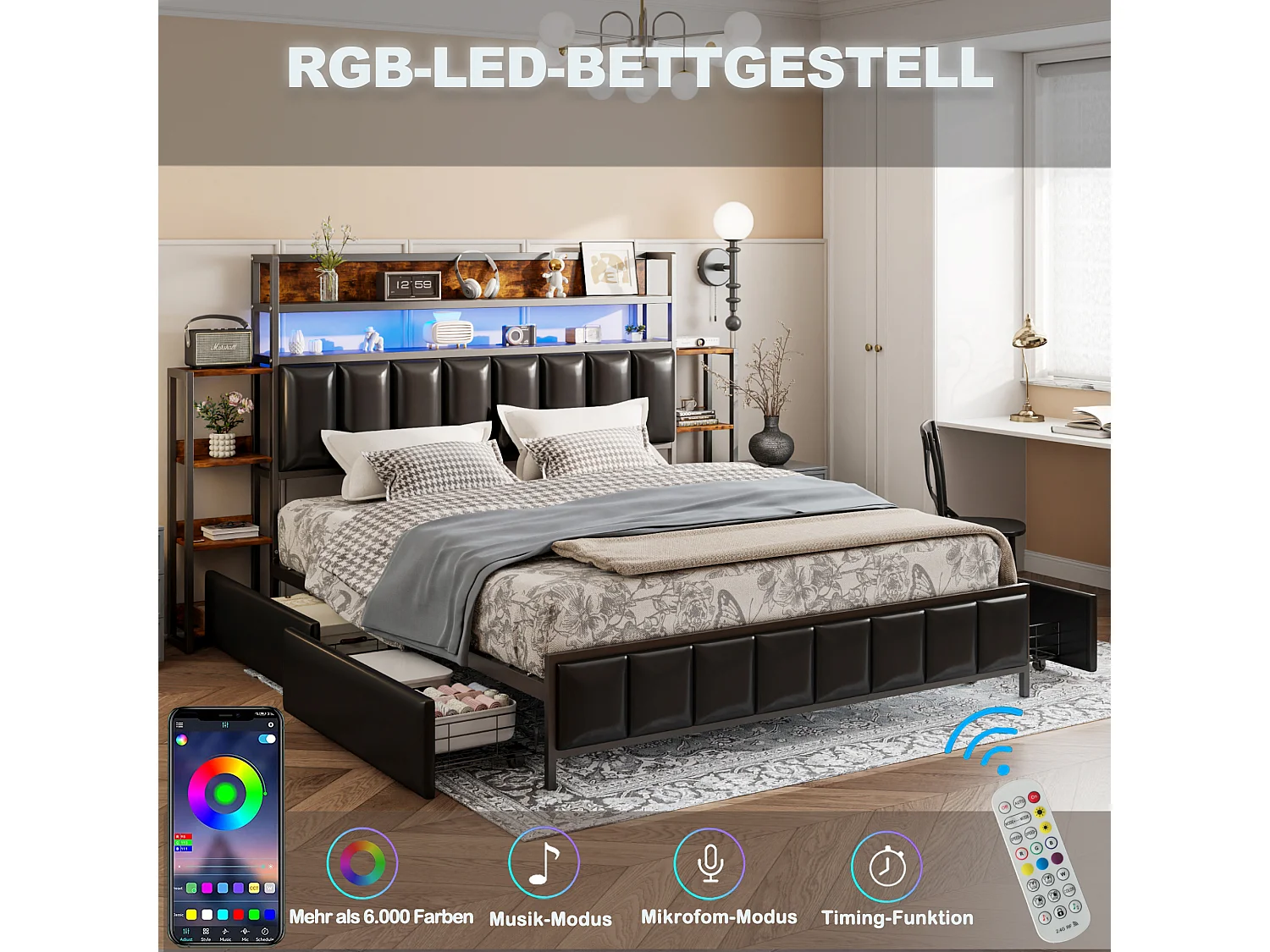 Gestoffeerd bed 160 x 200 cm met 2 lades - Kunstleer en metaal - Hoofdeinde met opbergruimte en LED's - Zwart (zonder matras)