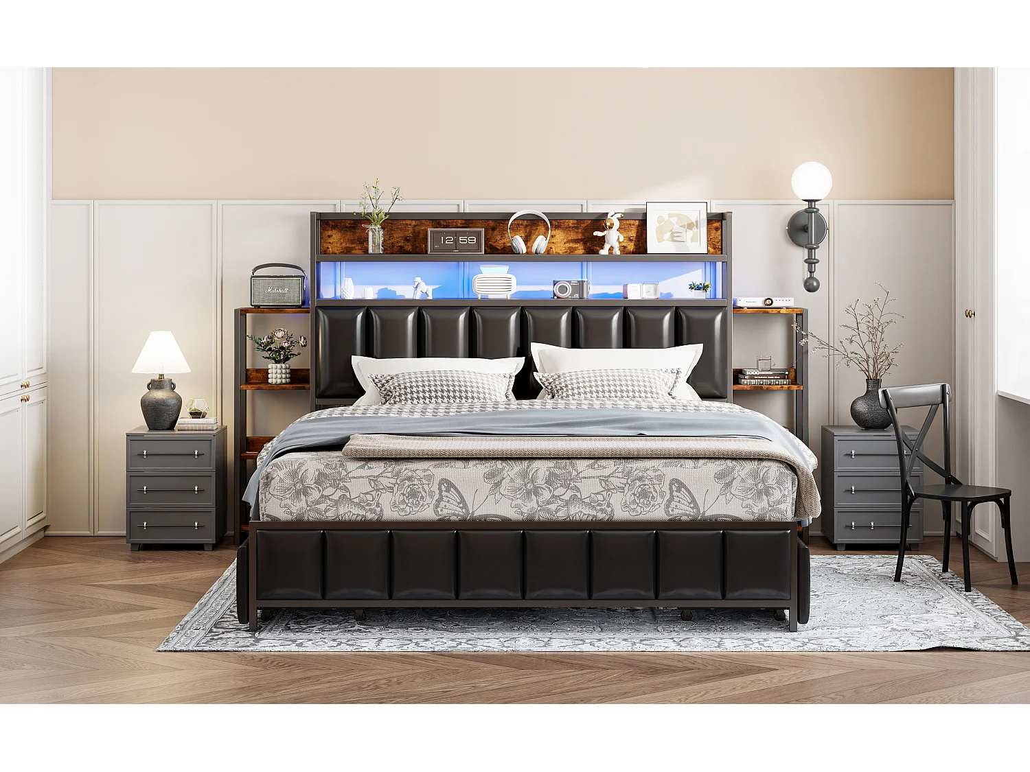 Gestoffeerd bed 160 x 200 cm met 2 lades - Kunstleer en metaal - Hoofdeinde met opbergruimte en LED's - Zwart (zonder matras)