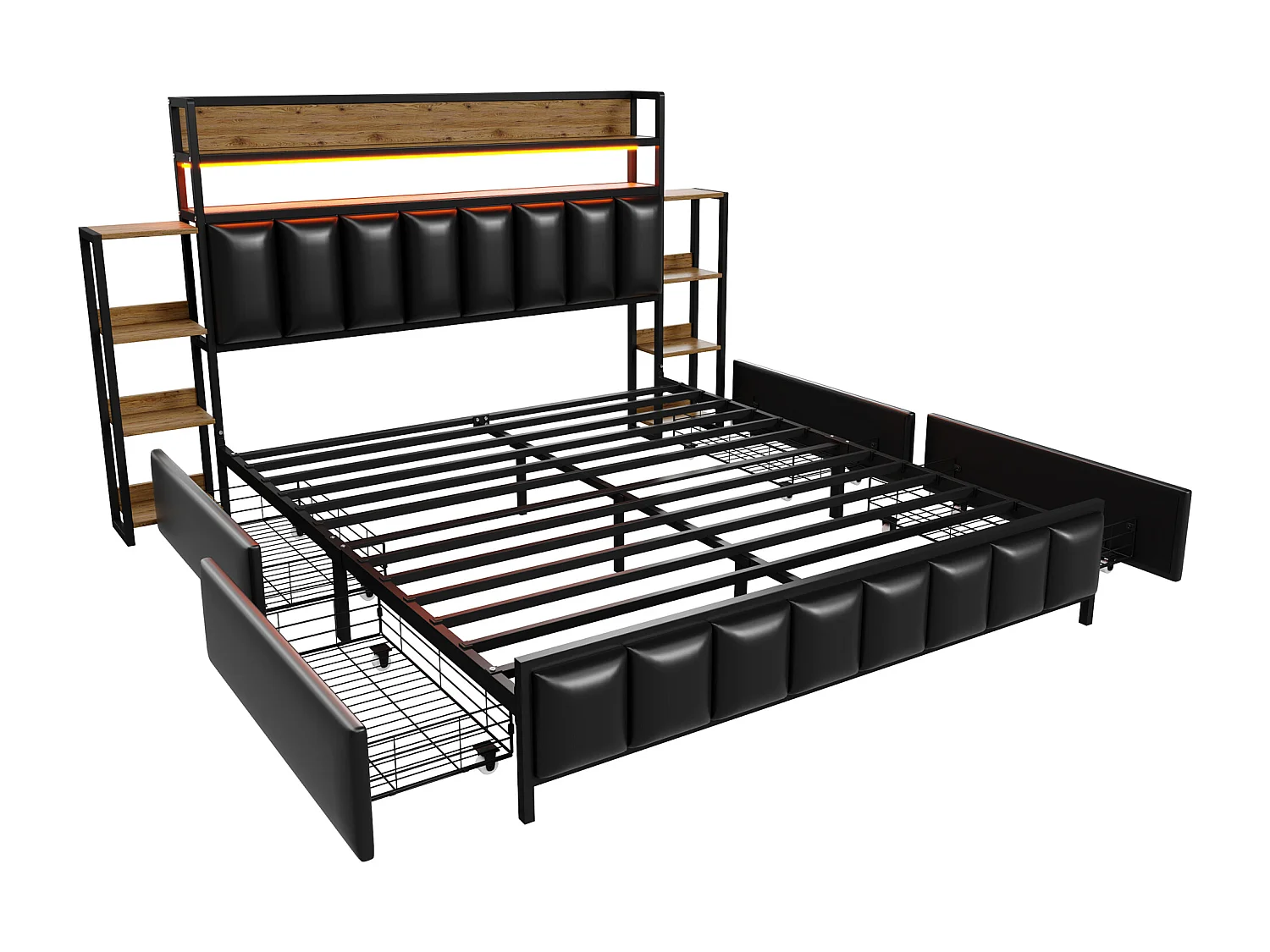 Gestoffeerd bed 160 x 200 cm met 2 lades - Kunstleer en metaal - Hoofdeinde met opbergruimte en LED's - Zwart (zonder matras)