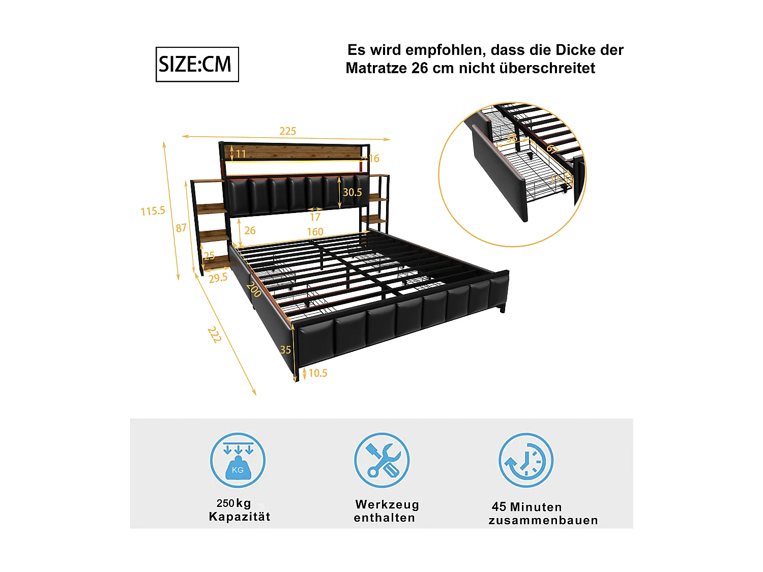 Gestoffeerd bed 160 x 200 cm met 2 lades - Kunstleer en metaal - Hoofdeinde met opbergruimte en LED's - Zwart (zonder matras)