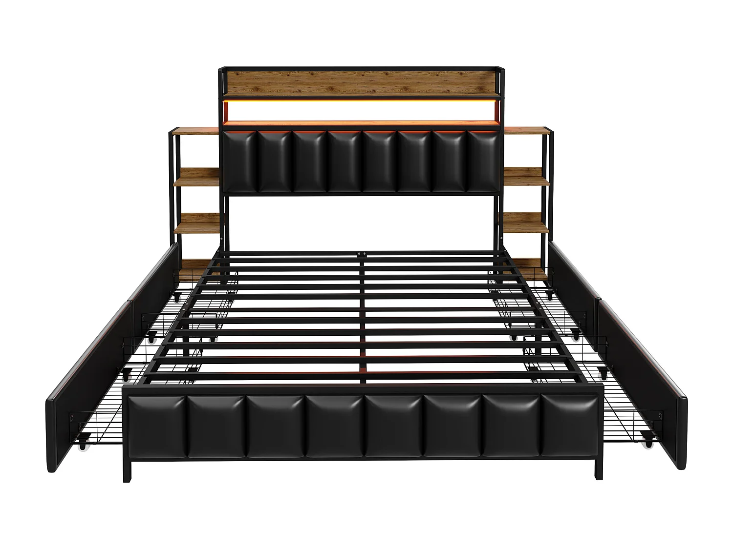 Gestoffeerd bed 160 x 200 cm met 2 lades - Kunstleer en metaal - Hoofdeinde met opbergruimte en LED's - Zwart (zonder matras)