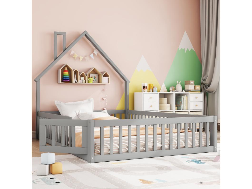 Kinderbed 140 x 200 cm in grenenhout met uitvalbeveiliging en deur, inclusief lattenbodem, grijs