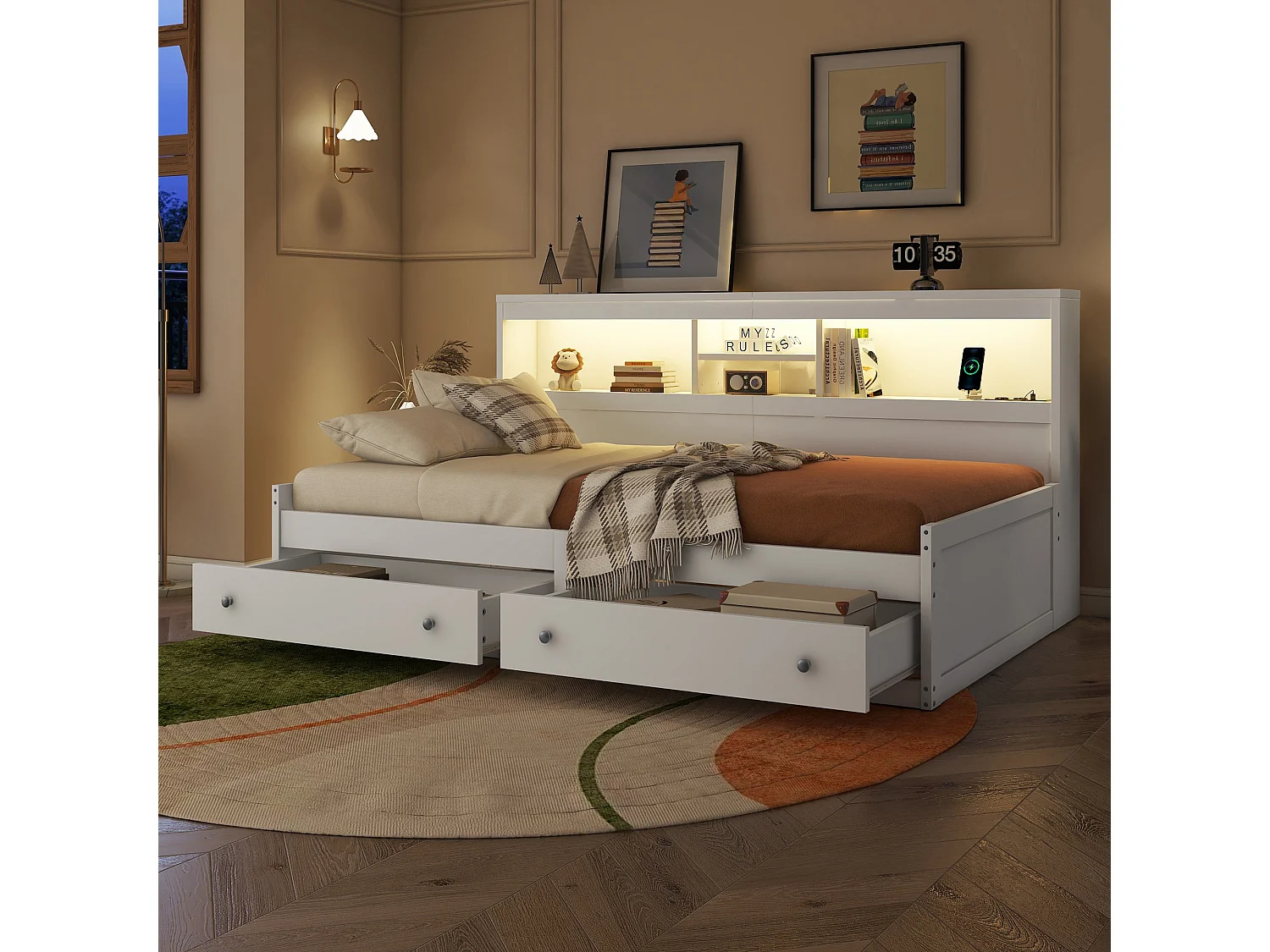 Lit 90 x 200 cm avec 2 tiroirs, étagères de rangement et 2 prises USB - Panneau de particules - LEDs - Blanc (sans matelas)