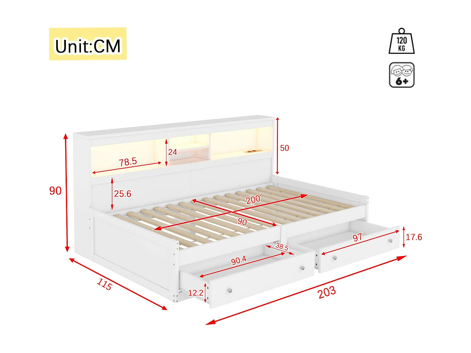 Lit 90 x 200 cm avec 2 tiroirs, étagères de rangement et 2 prises USB - Panneau de particules - LEDs - Blanc (sans matelas)