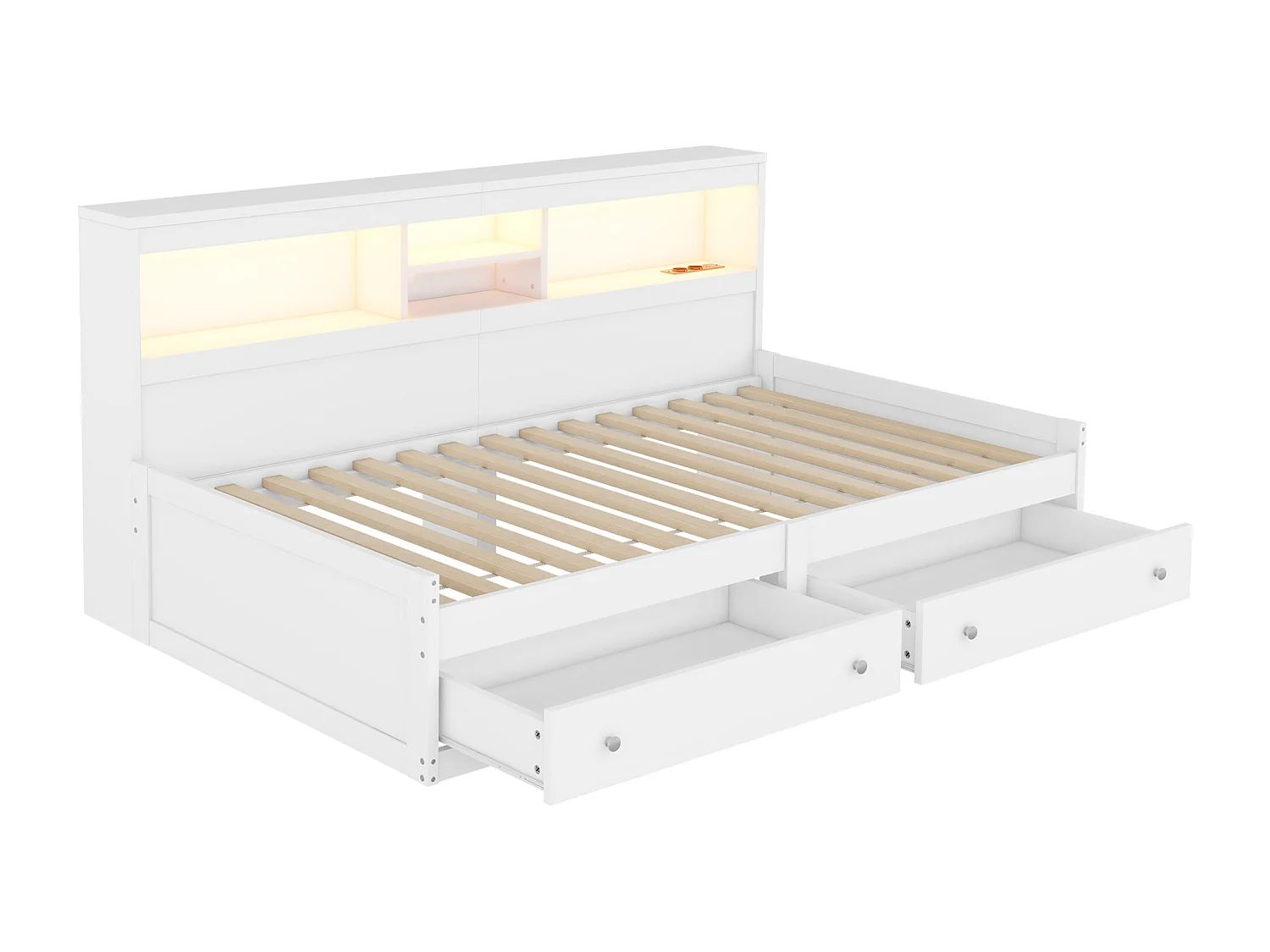 Lit 90 x 200 cm avec 2 tiroirs, étagères de rangement et 2 prises USB - Panneau de particules - LEDs - Blanc (sans matelas)
