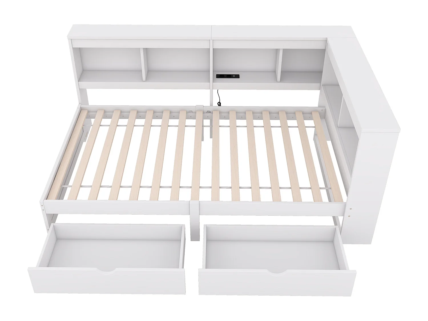 Letto 90 x 200 cm, divano letto - 2 cassetti, ripiani portaoggetti e 2 prese USB - Pannello truciolare - Bianco