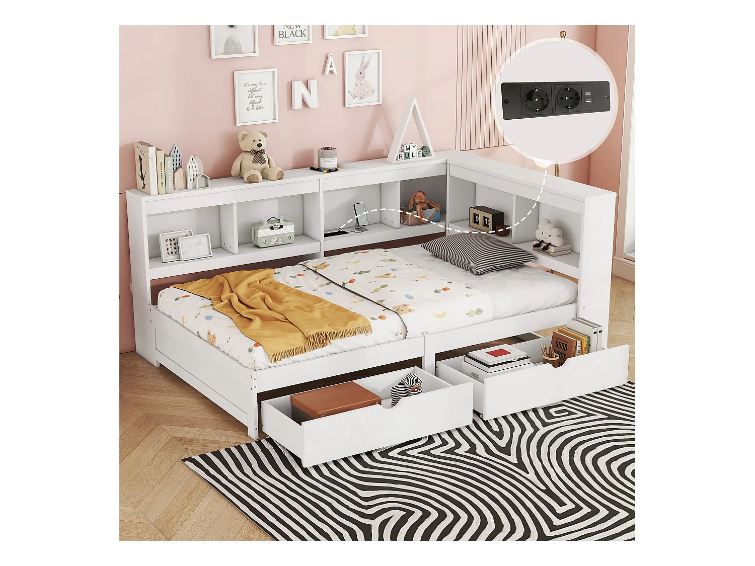 Lit 90 x 200 cm,  canapé-lit - 2Tiroirs, étaères de rangement et 2 prises USB - Panneau de particules - Blanc
