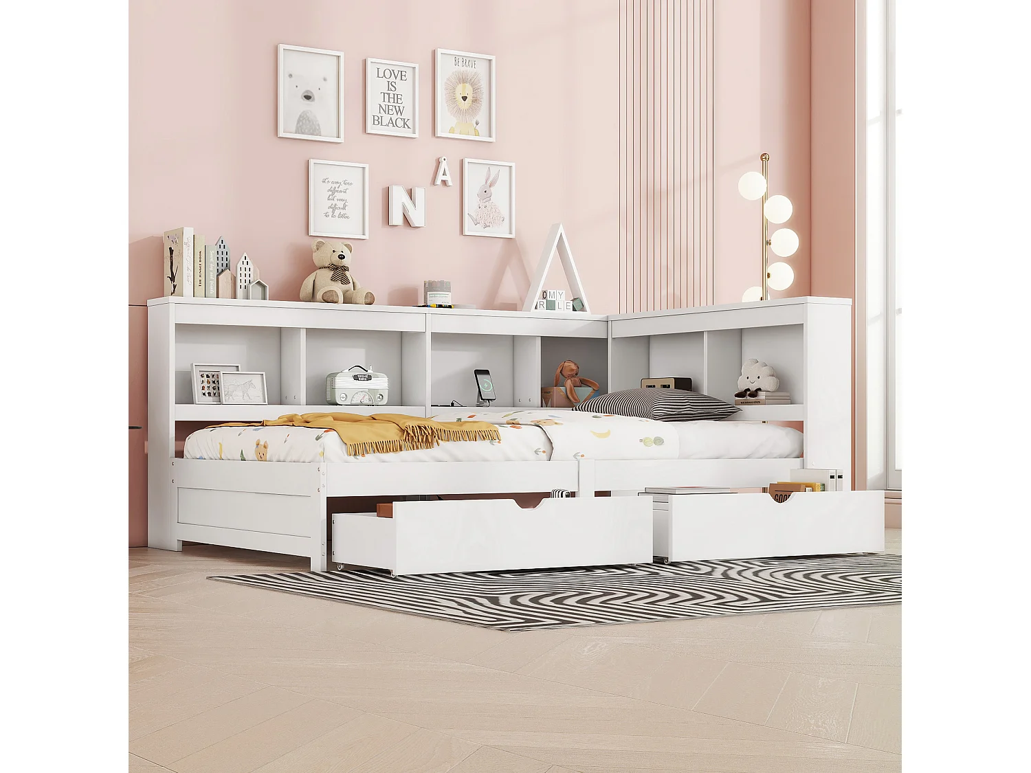 90 x 200 cm großes Bett, Schlafsofa – 2 Schubladen, Ablagen und 2 USB-Anschlüsse – Spanplatte – Weiß