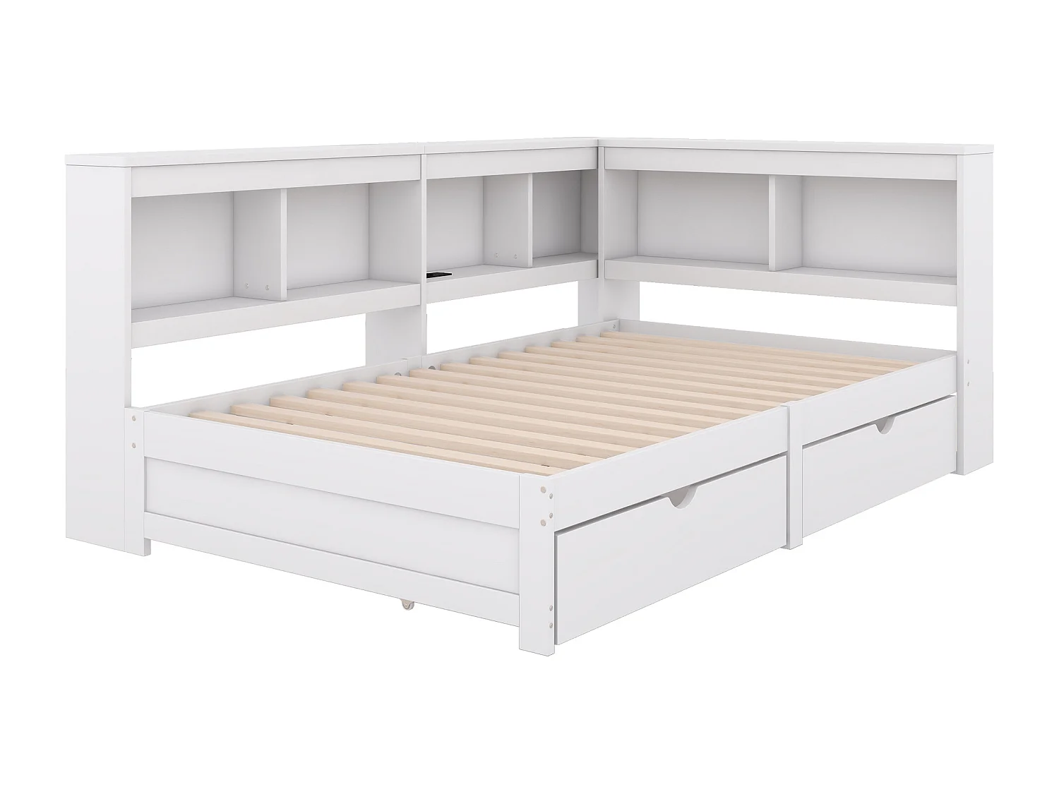 90 x 200 cm großes Bett, Schlafsofa – 2 Schubladen, Ablagen und 2 USB-Anschlüsse – Spanplatte – Weiß