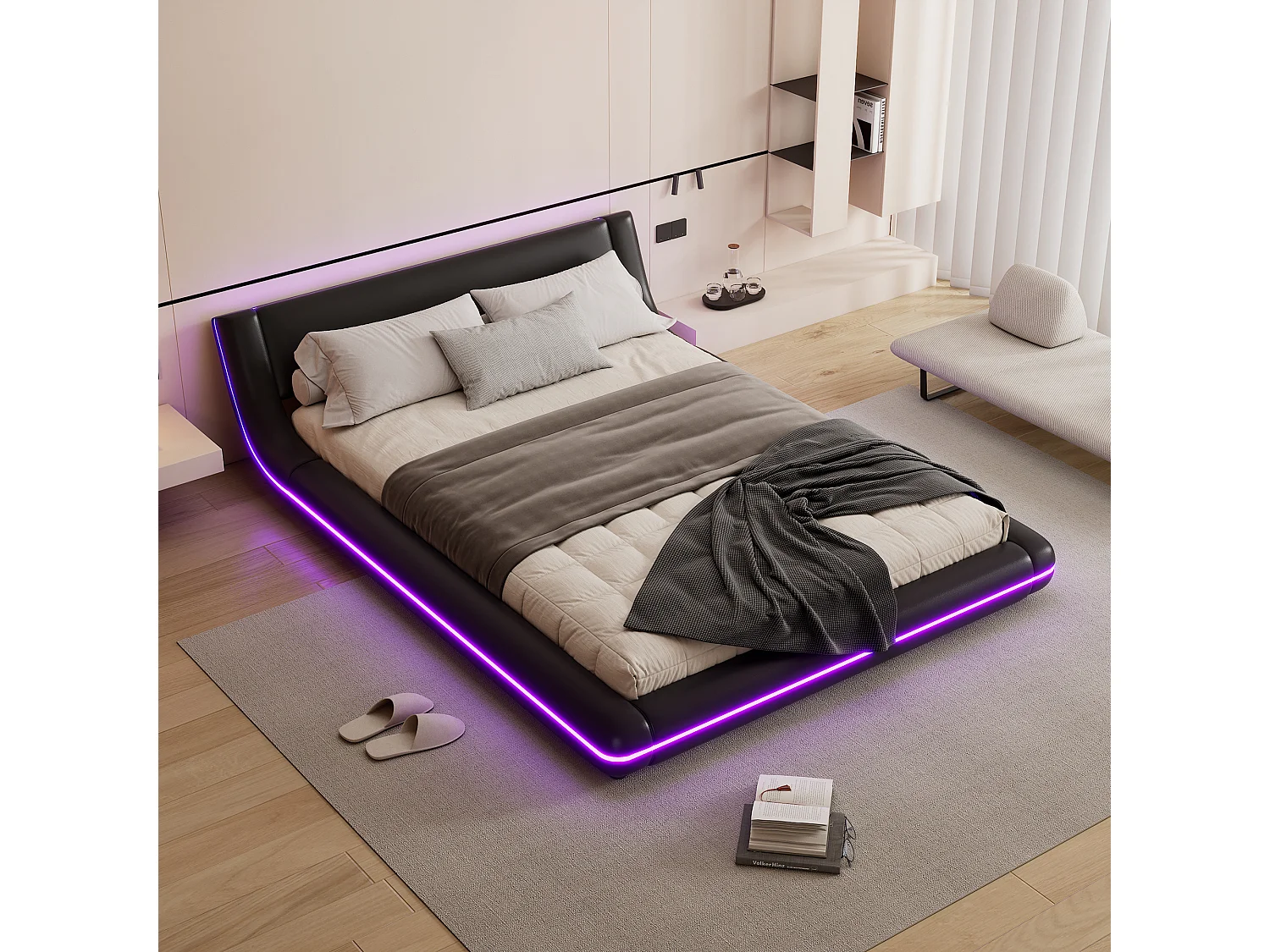 Lit plat 140 x 200 cm avec tête de lit - rembourré en cuir PU - LEDs - style élégant - noir