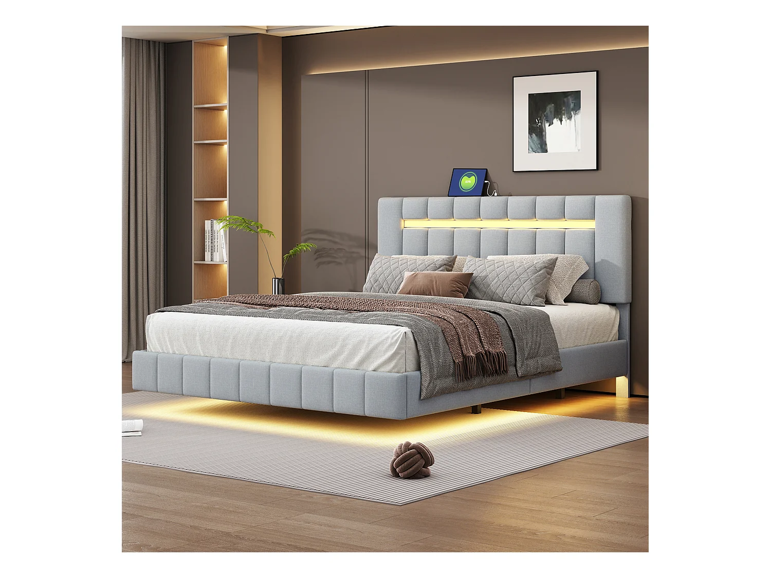 Gestoffeerd bed 160 x 200 cm met hoofdbord - linnen stof - LED's - lattenbodem - grijs