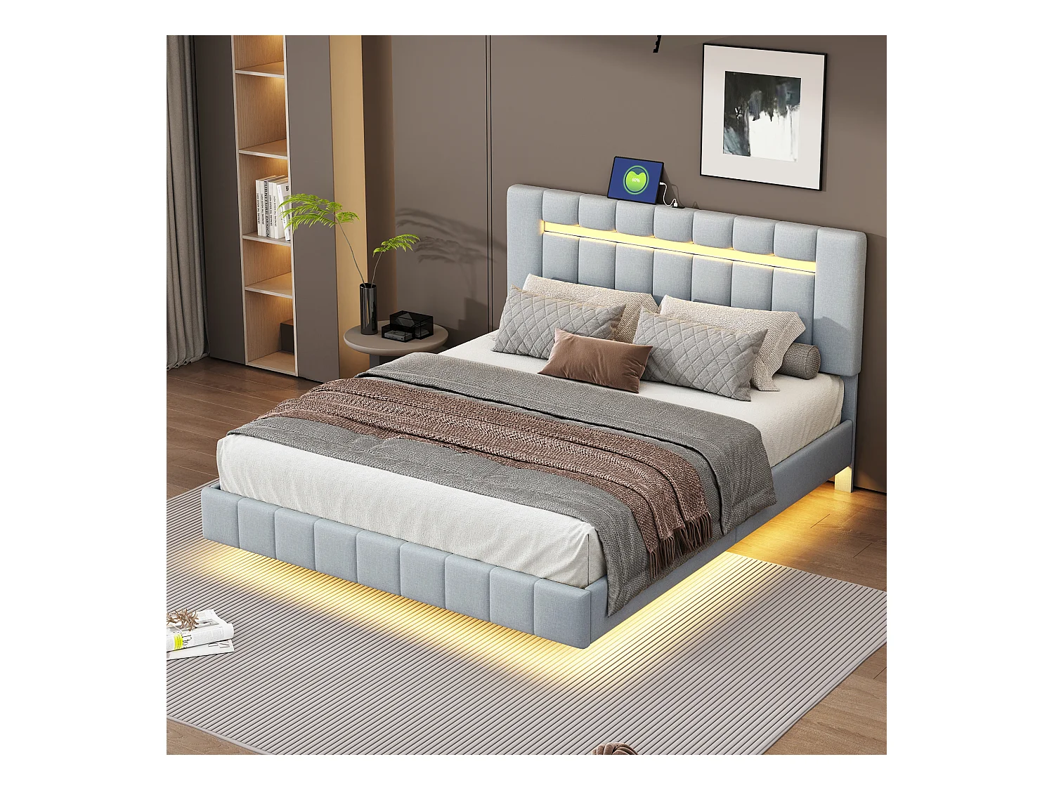 Gestoffeerd bed 160 x 200 cm met hoofdbord - linnen stof - LED's - lattenbodem - grijs