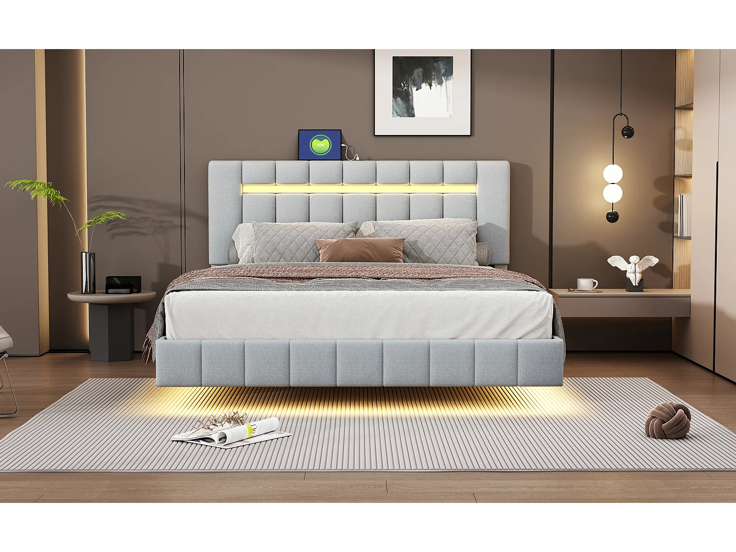 Gestoffeerd bed 160 x 200 cm met hoofdbord - linnen stof - LED's - lattenbodem - grijs