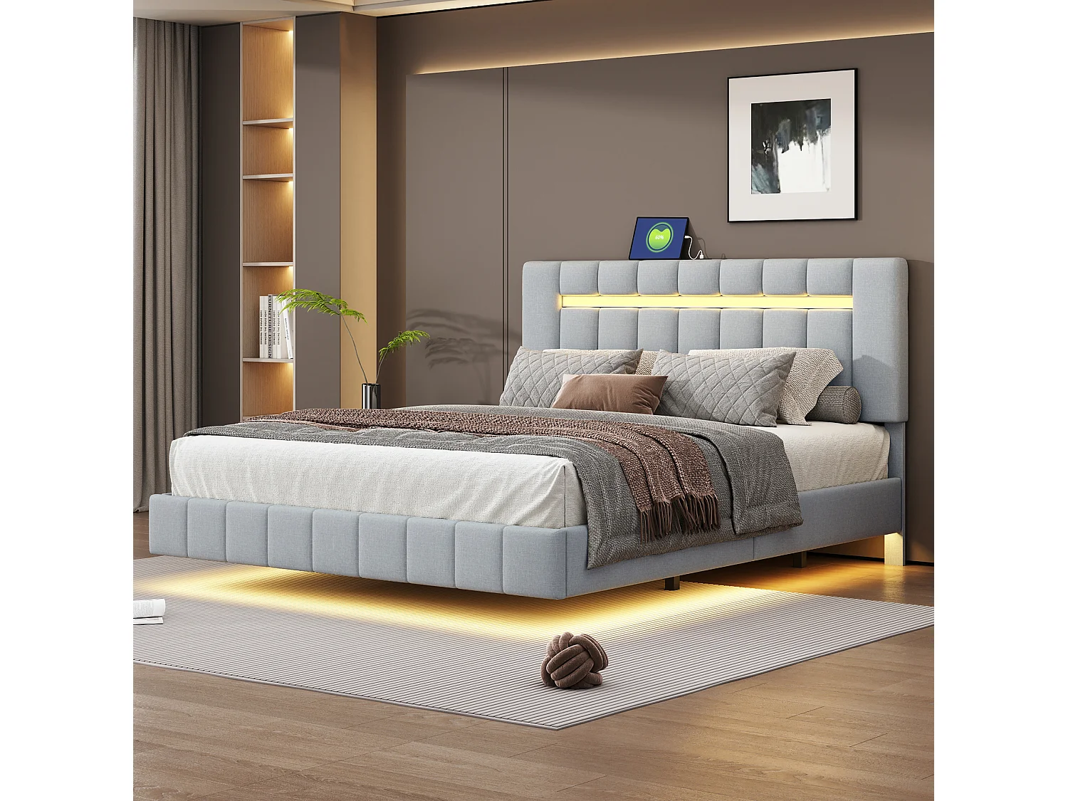 Lit capitonné 160 x 200 cm avec tête de lit - tissu en lin - LEDs - sommier à lattes - gris