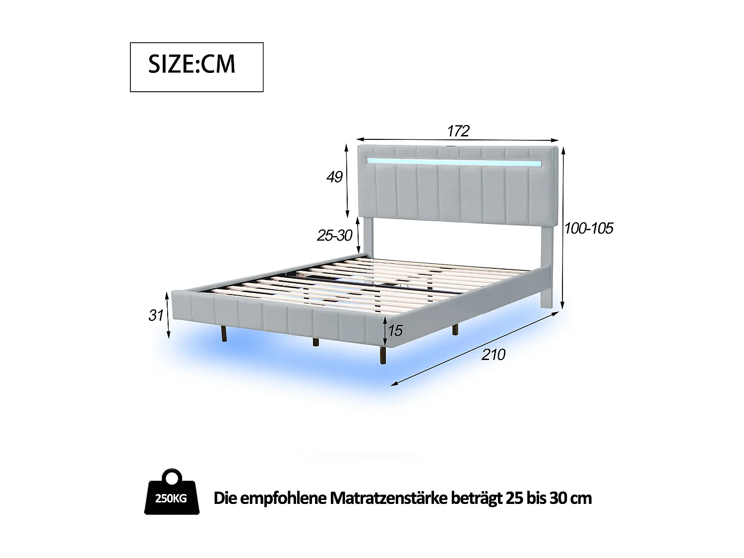 Lit capitonné 160 x 200 cm avec tête de lit - tissu en lin - LEDs - sommier à lattes - gris