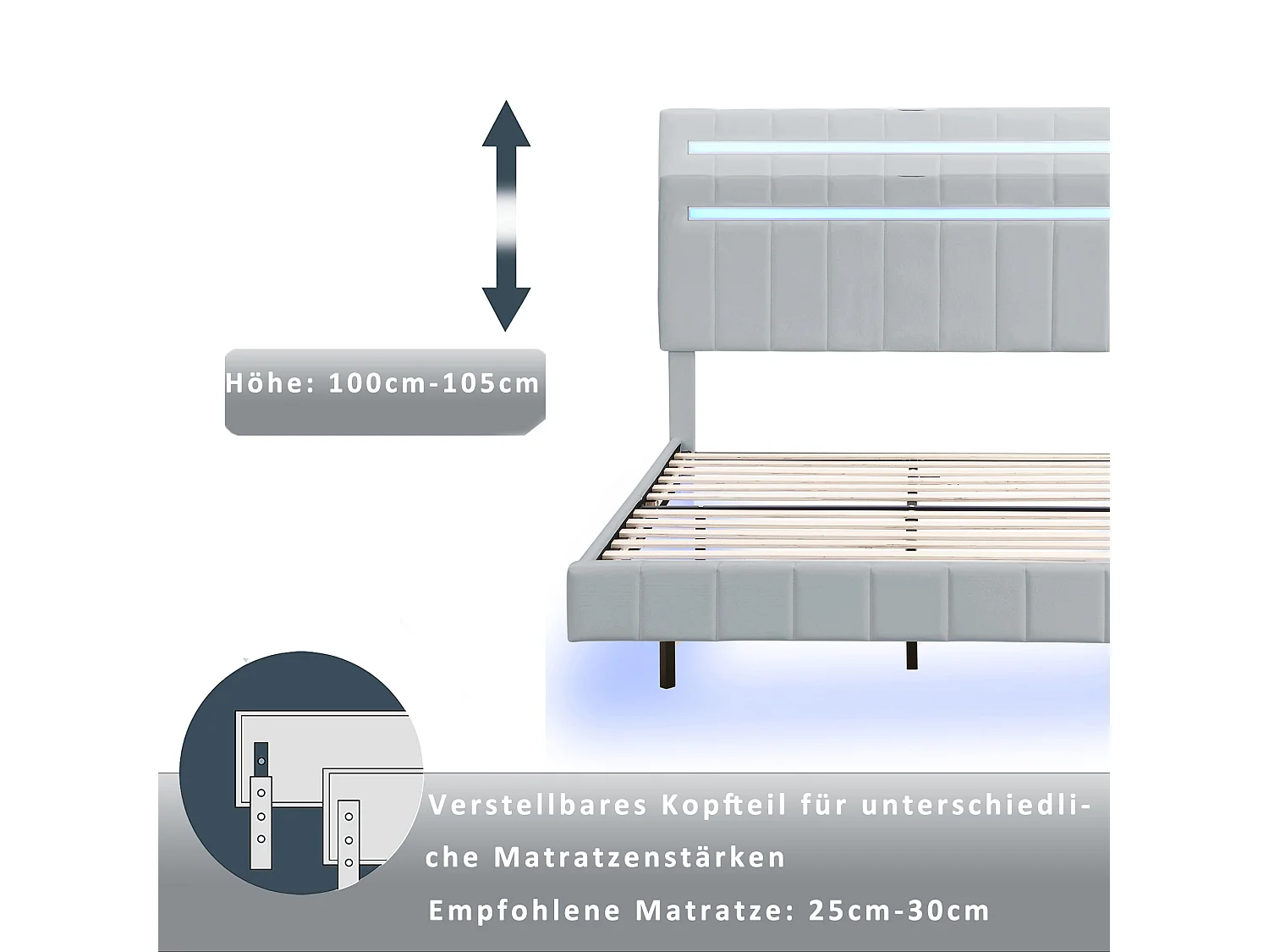 Lit capitonné 160 x 200 cm avec tête de lit - tissu en lin - LEDs - sommier à lattes - gris
