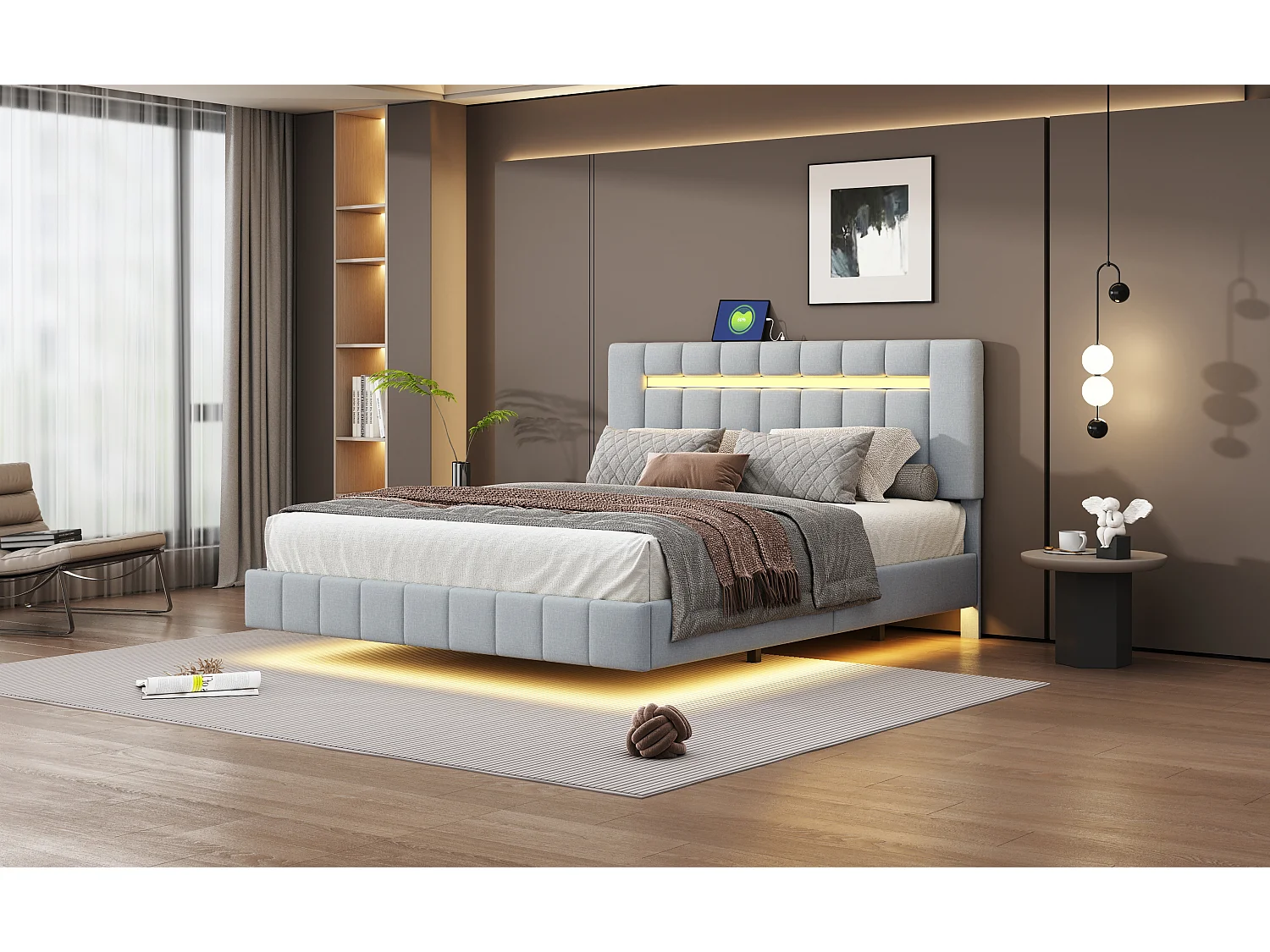 Lit capitonné 160 x 200 cm avec tête de lit - tissu en lin - LEDs - sommier à lattes - gris