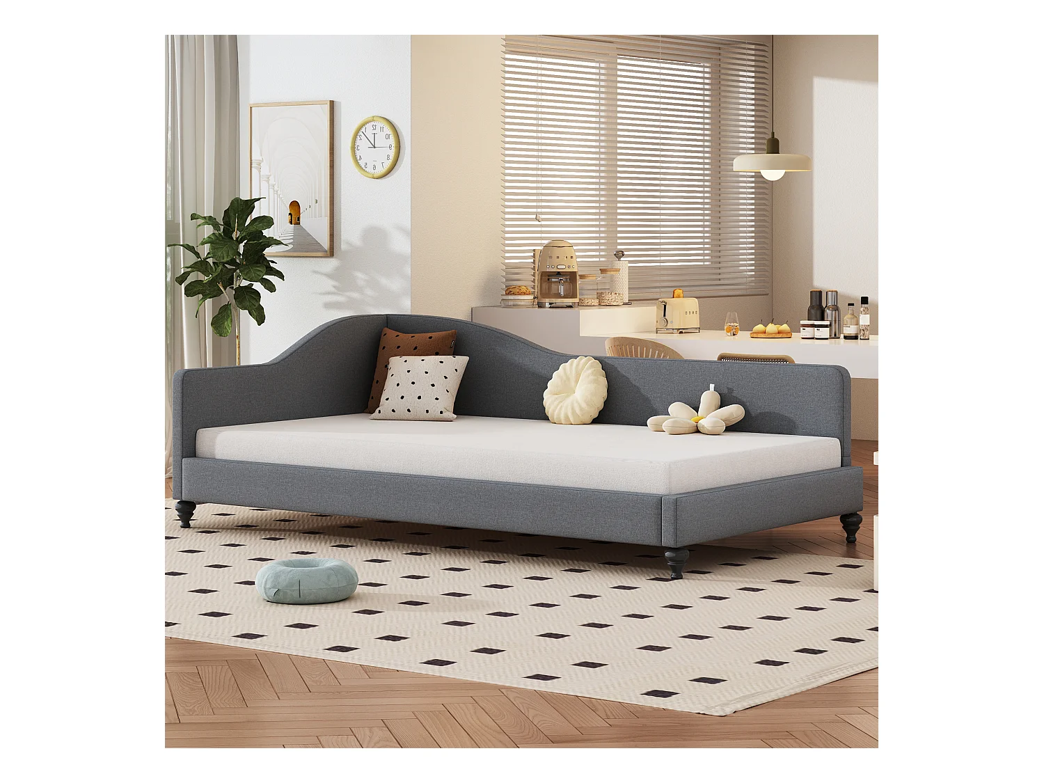 Gestoffeerd bed 90 x 200 cm met hoofdbord, slaapbank - Linnen stof - Lattenbodem - Grijs (zonder matras)