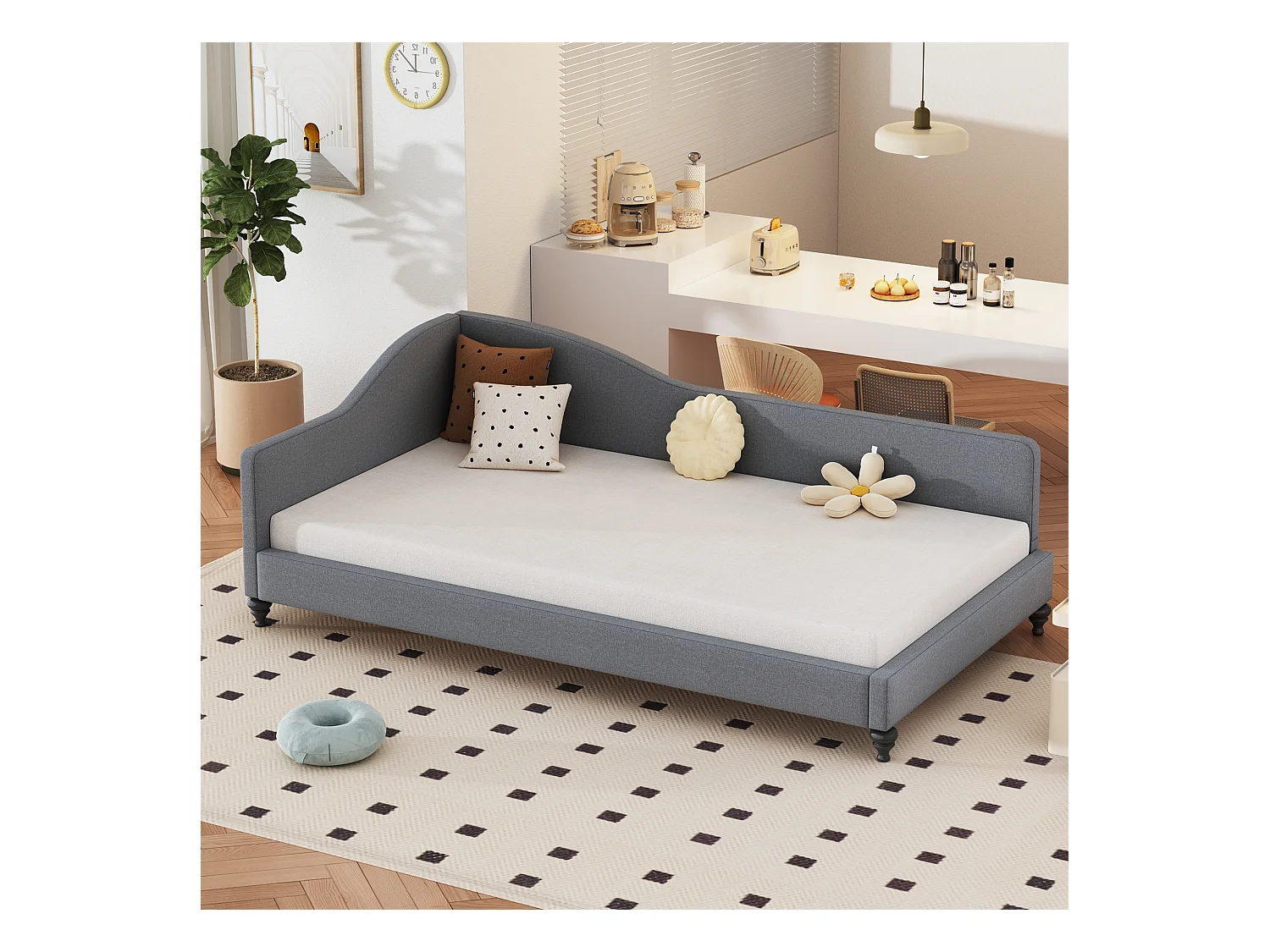 Gestoffeerd bed 90 x 200 cm met hoofdbord, slaapbank - Linnen stof - Lattenbodem - Grijs (zonder matras)