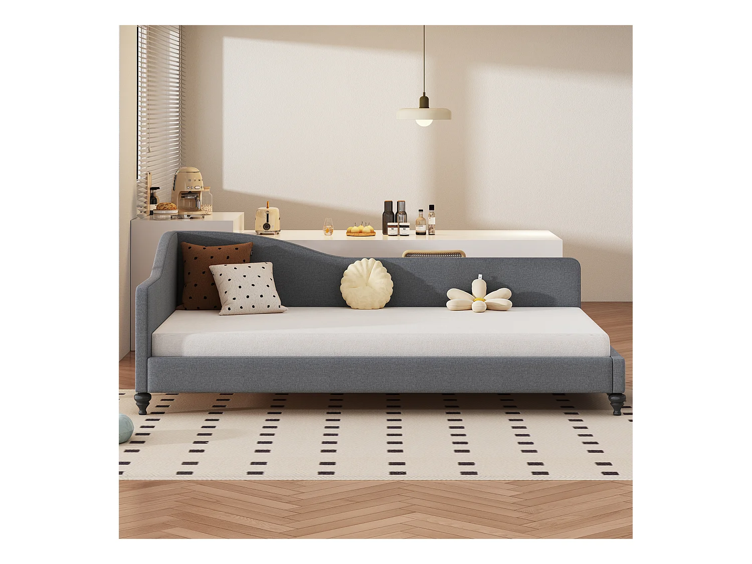 Gestoffeerd bed 90 x 200 cm met hoofdbord, slaapbank - Linnen stof - Lattenbodem - Grijs (zonder matras)