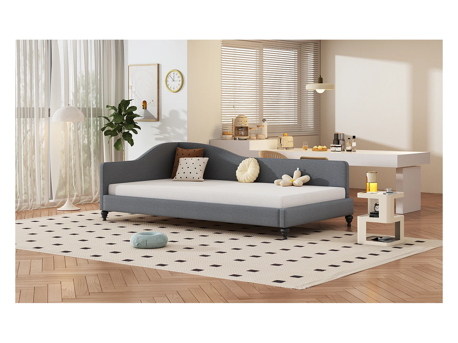 Gestoffeerd bed 90 x 200 cm met hoofdbord, slaapbank - Linnen stof - Lattenbodem - Grijs (zonder matras)