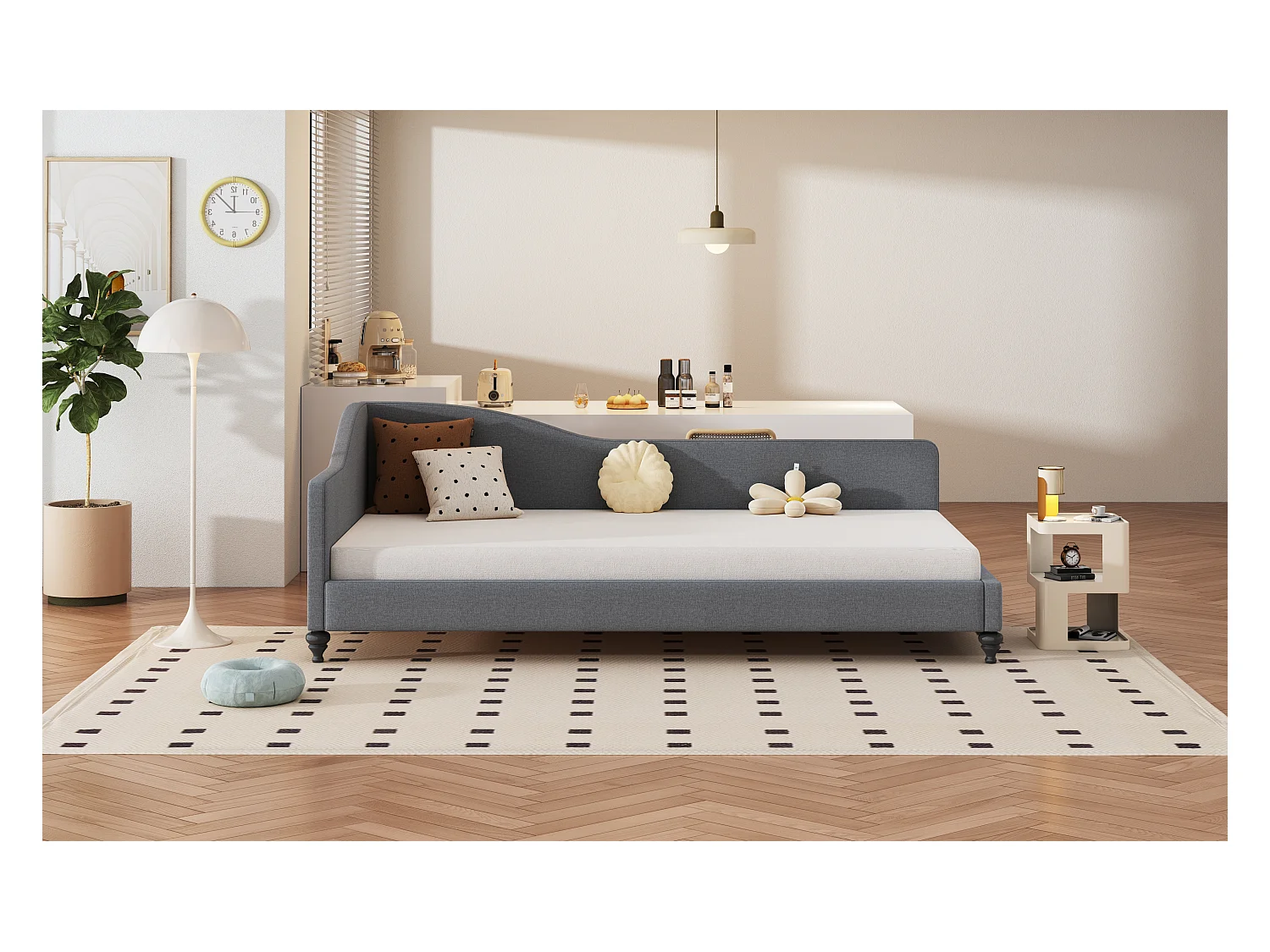 Gestoffeerd bed 90 x 200 cm met hoofdbord, slaapbank - Linnen stof - Lattenbodem - Grijs (zonder matras)