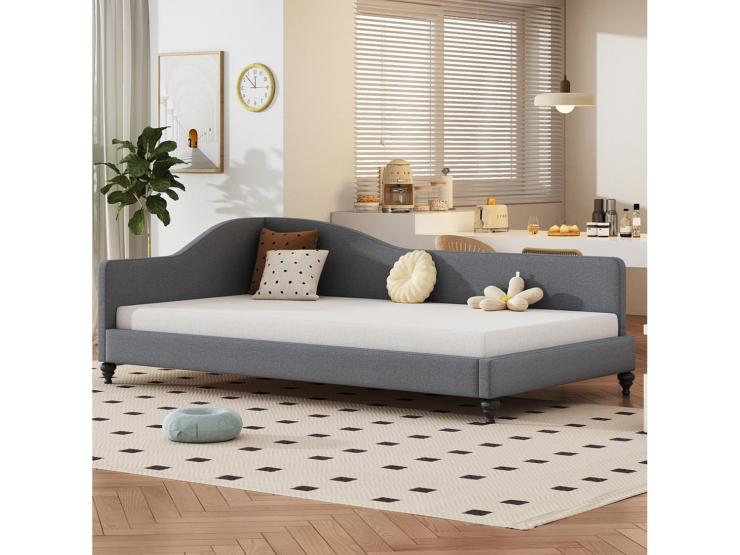 Gestoffeerd bed 90 x 200 cm met hoofdbord, slaapbank - Linnen stof - Lattenbodem - Grijs (zonder matras)