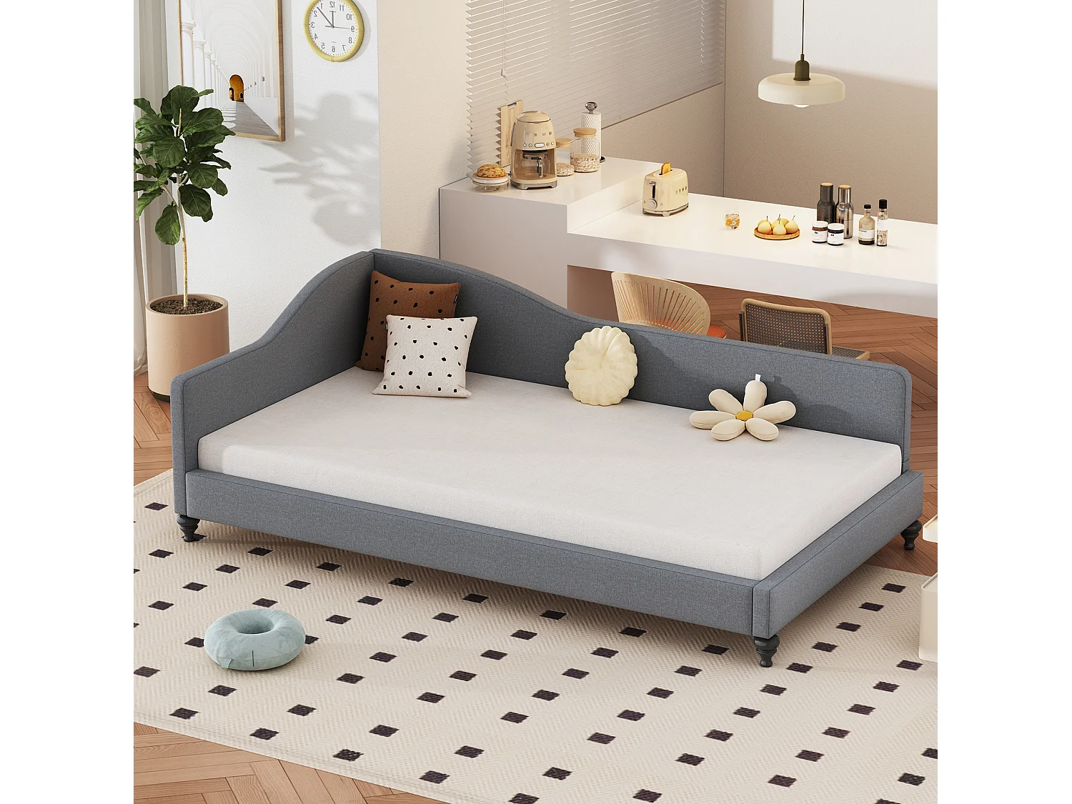 Gestoffeerd bed 90 x 200 cm met hoofdbord, slaapbank - Linnen stof - Lattenbodem - Grijs (zonder matras)