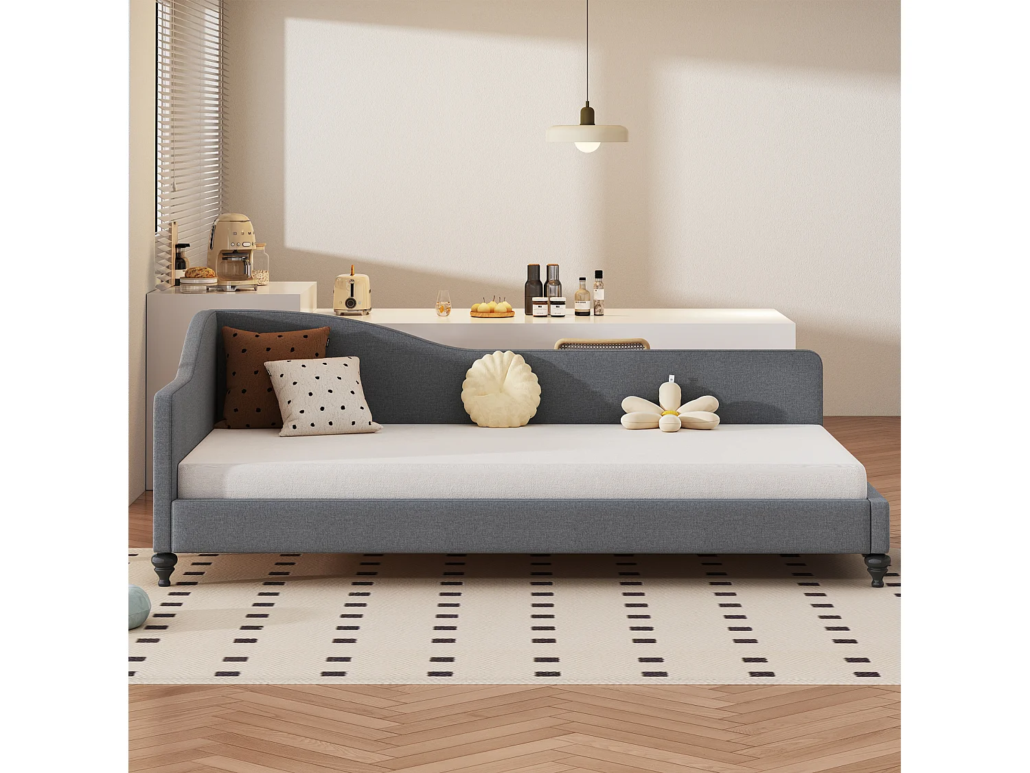 Gestoffeerd bed 90 x 200 cm met hoofdbord, slaapbank - Linnen stof - Lattenbodem - Grijs (zonder matras)