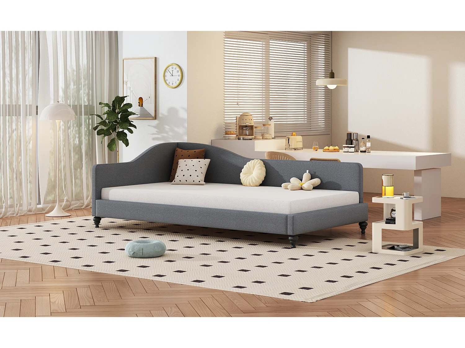 Gestoffeerd bed 90 x 200 cm met hoofdbord, slaapbank - Linnen stof - Lattenbodem - Grijs (zonder matras)