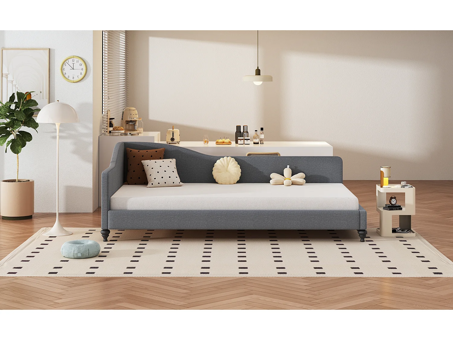 Gestoffeerd bed 90 x 200 cm met hoofdbord, slaapbank - Linnen stof - Lattenbodem - Grijs (zonder matras)