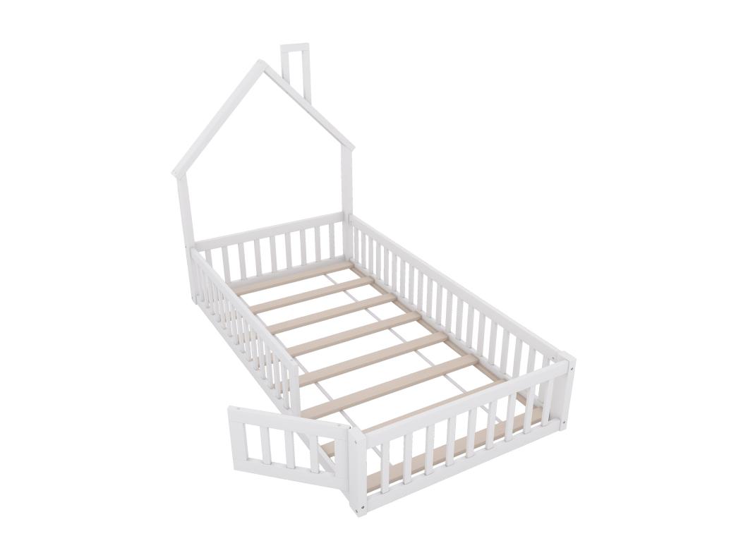 Kinderbed 90 x 200 cm van grenenhout met uitvalbeveiliging en deur, inclusief lattenbodem, wit