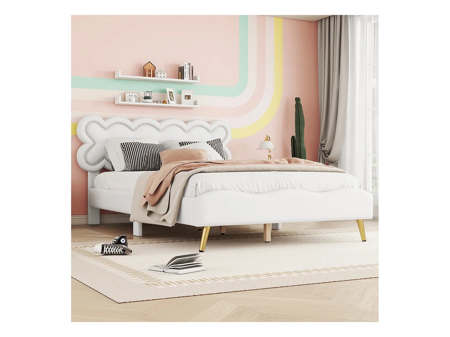 Gestoffeerd bed 140 x 200 cm met hoofdbord - PU-leer - lattenbodem - wit
