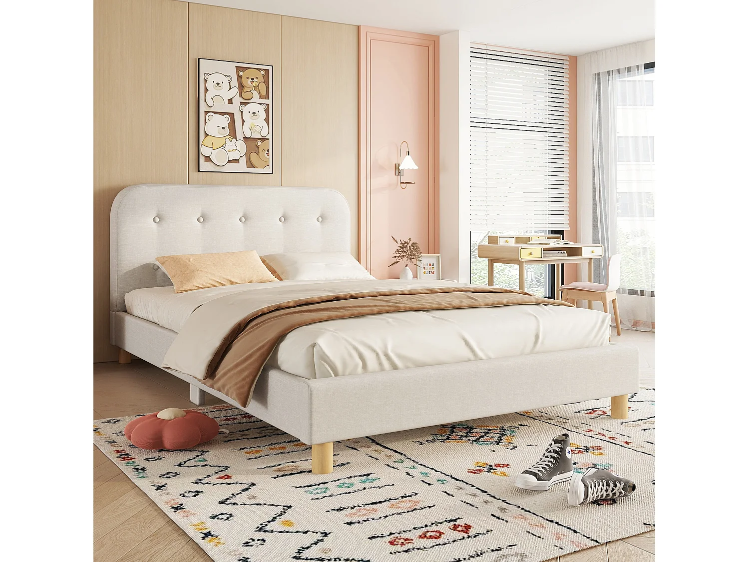 Lit capitonné 140 x 200 cm avec tête de lit - Tissu en lin - Sommier à lattes - Beige (sans matelas)