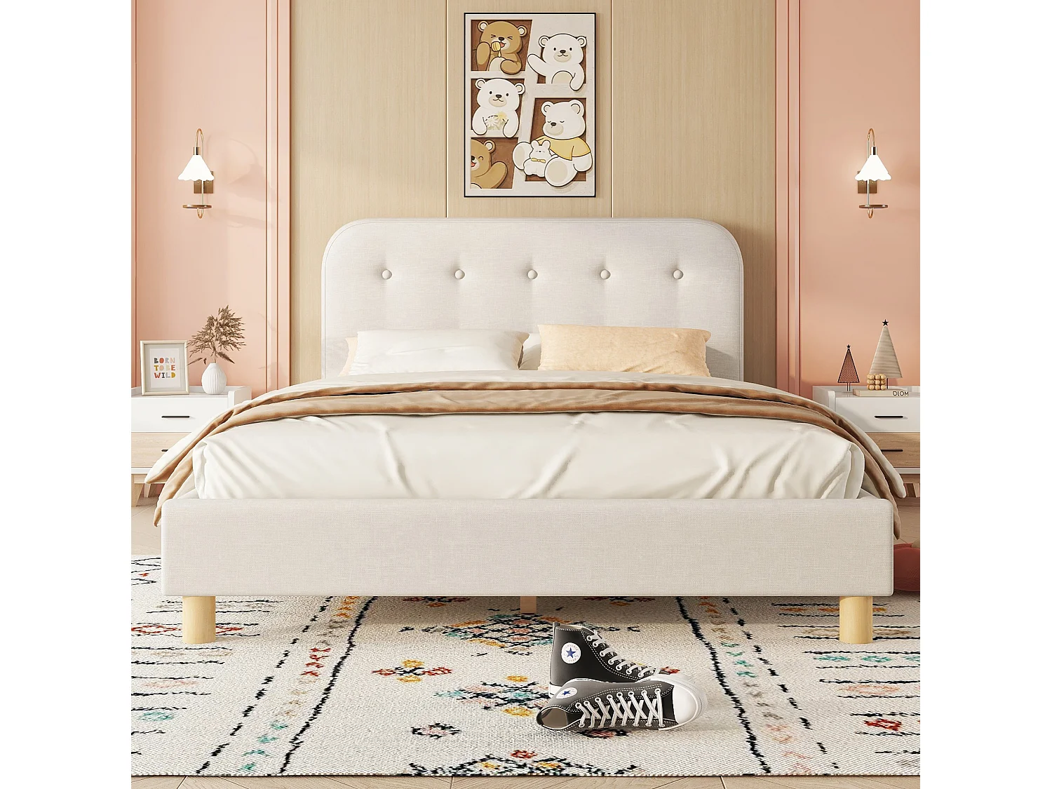 Lit capitonné 140 x 200 cm avec tête de lit - Tissu en lin - Sommier à lattes - Beige (sans matelas)