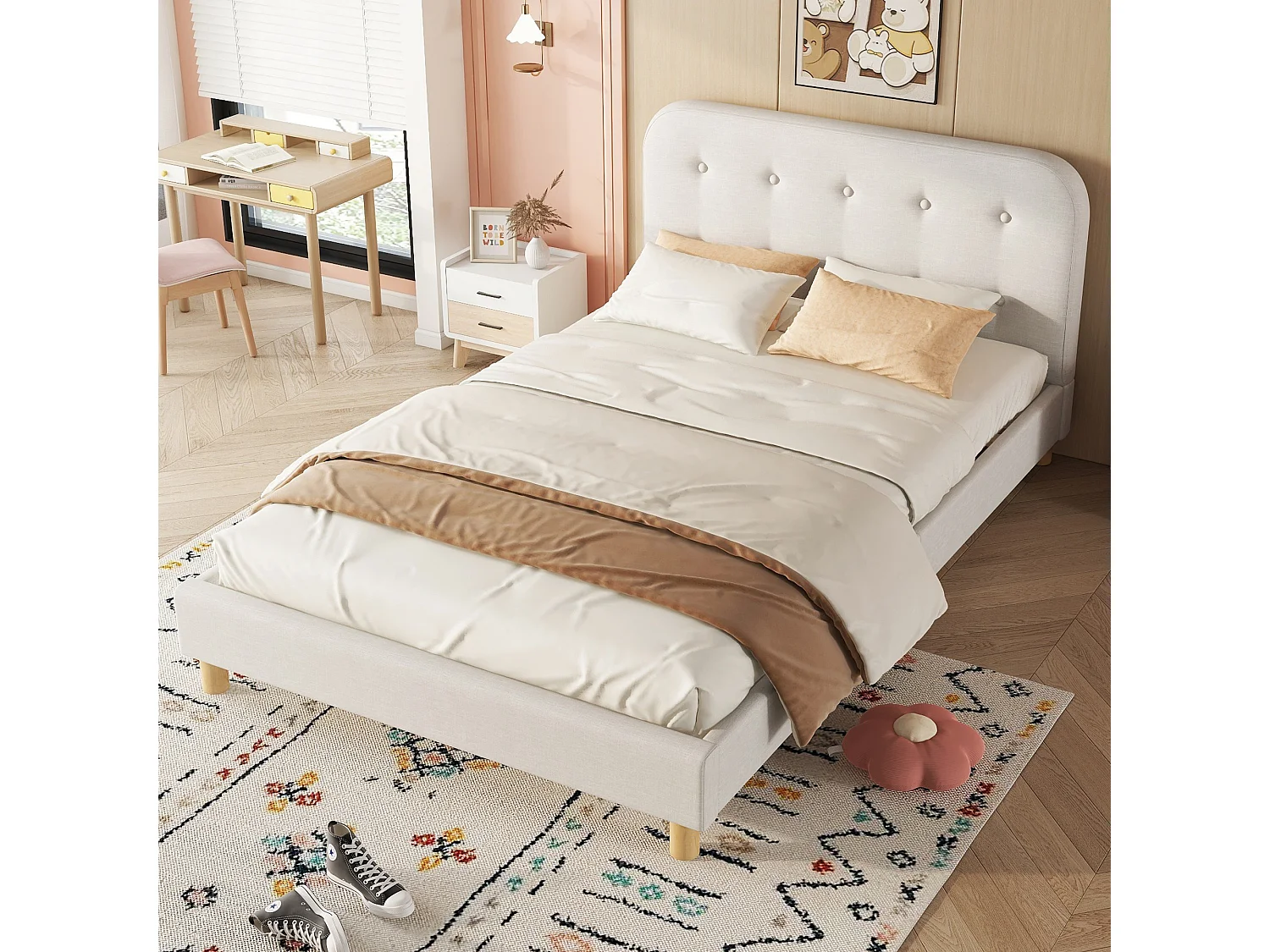 Lit capitonné 140 x 200 cm avec tête de lit - Tissu en lin - Sommier à lattes - Beige (sans matelas)