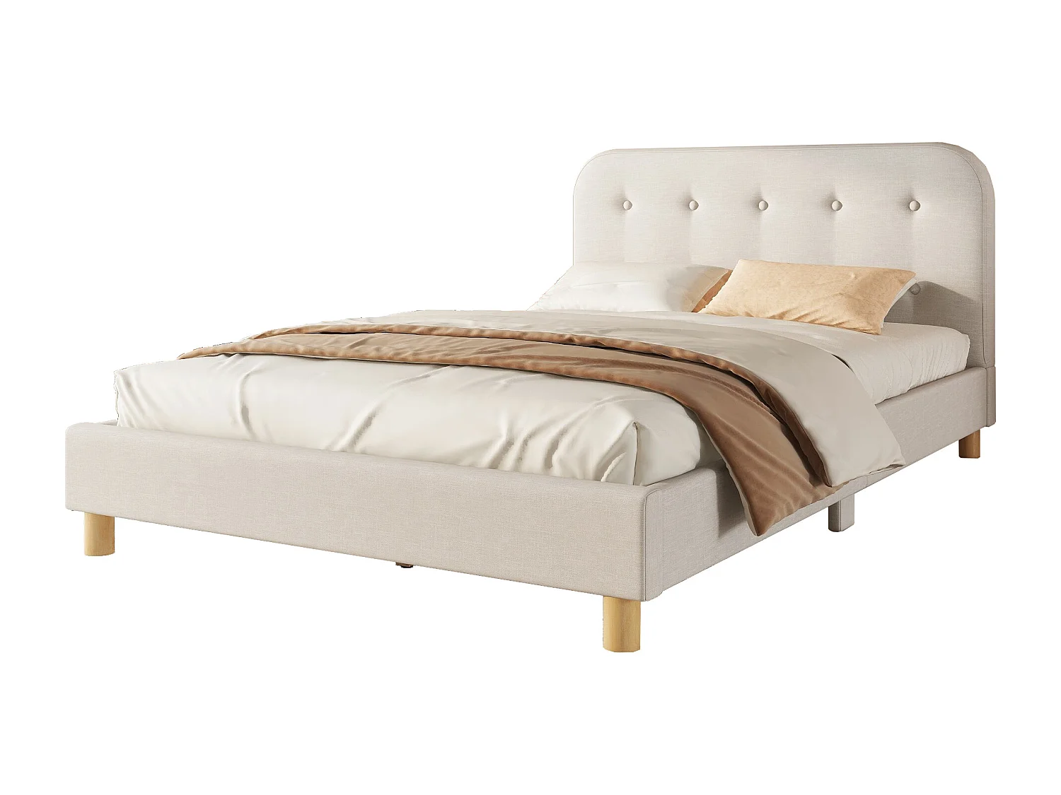 Lit capitonné 140 x 200 cm avec tête de lit - Tissu en lin - Sommier à lattes - Beige (sans matelas)
