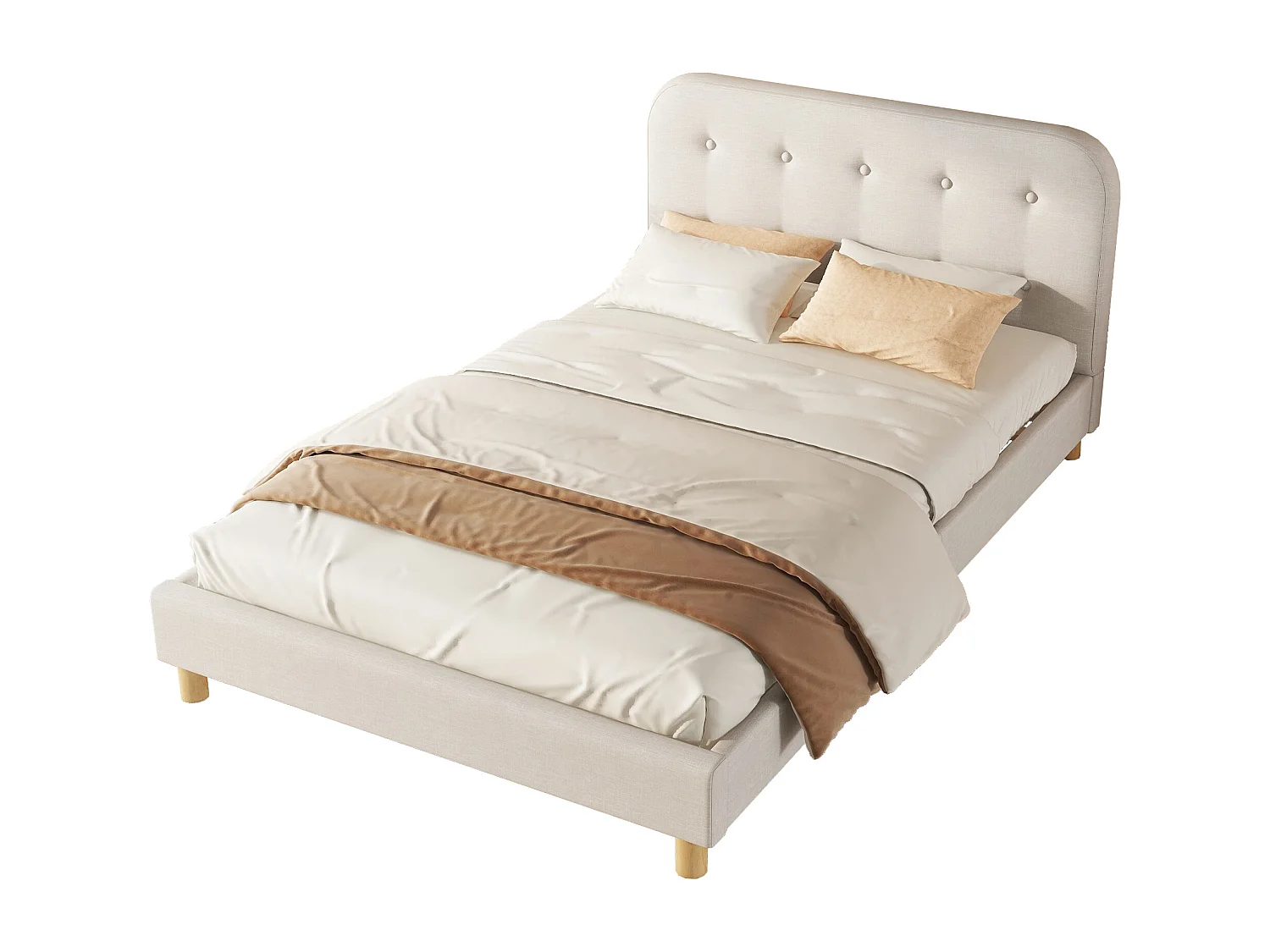 Lit capitonné 140 x 200 cm avec tête de lit - Tissu en lin - Sommier à lattes - Beige (sans matelas)