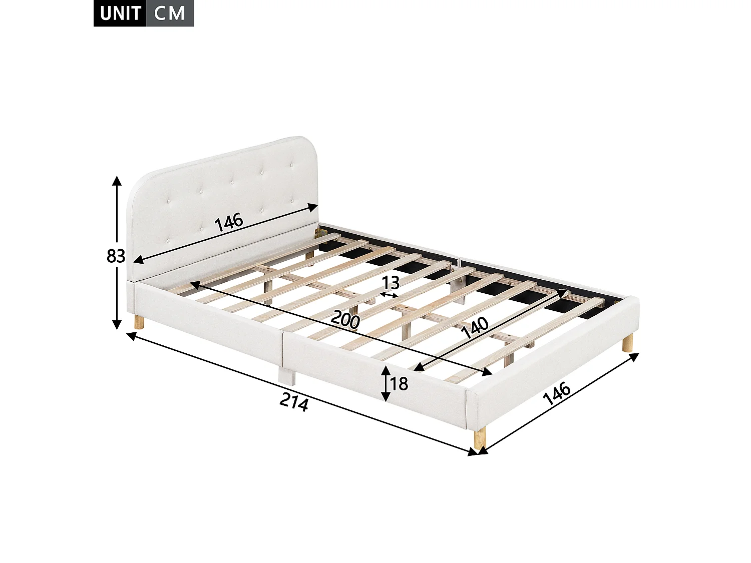 Lit capitonné 140 x 200 cm avec tête de lit - Tissu en lin - Sommier à lattes - Beige (sans matelas)