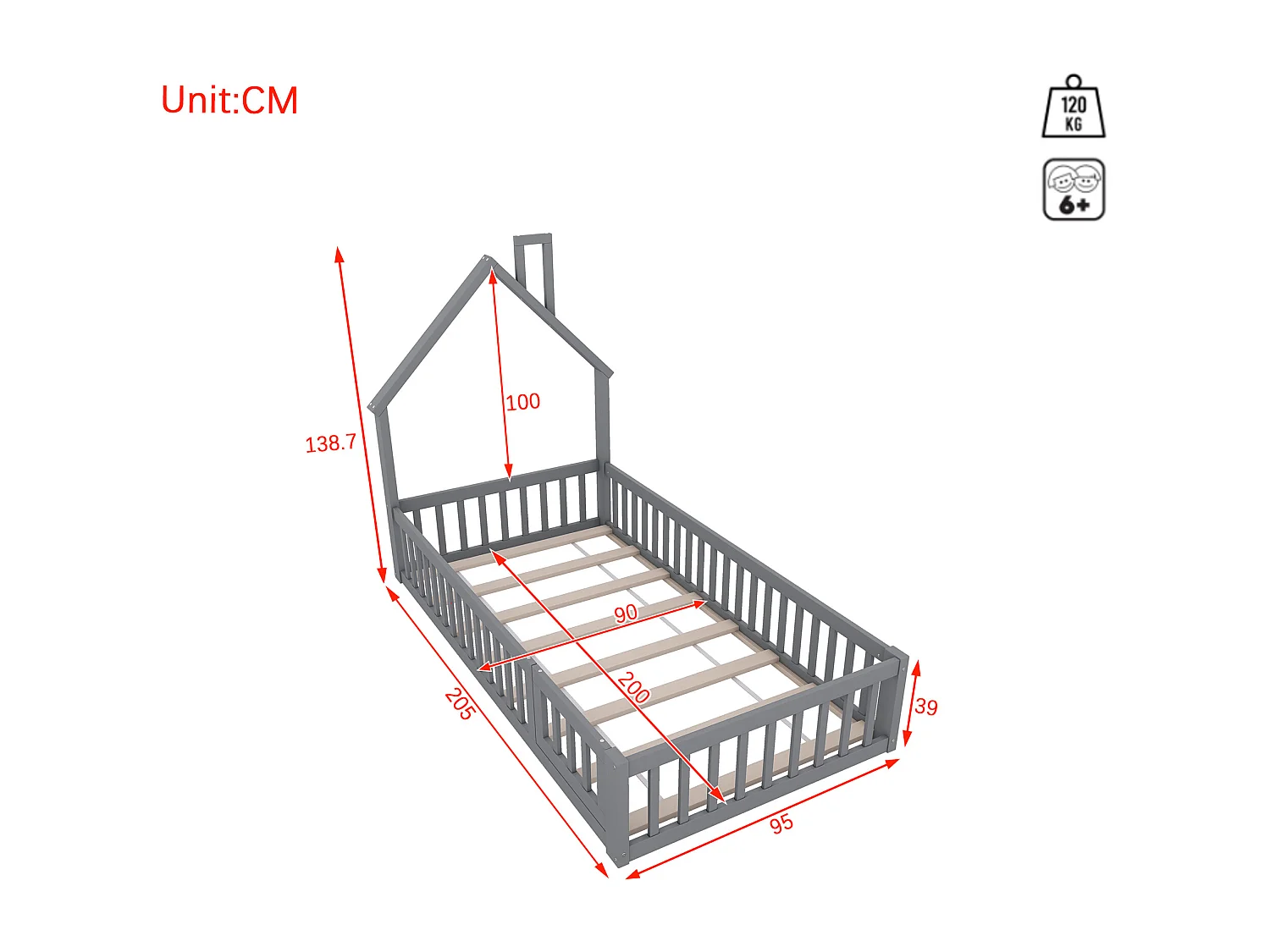 Letto per bambini 90 x 200 cm in legno di pino con sponde di sicurezza e porta, rete a doghe inclusa, grigio