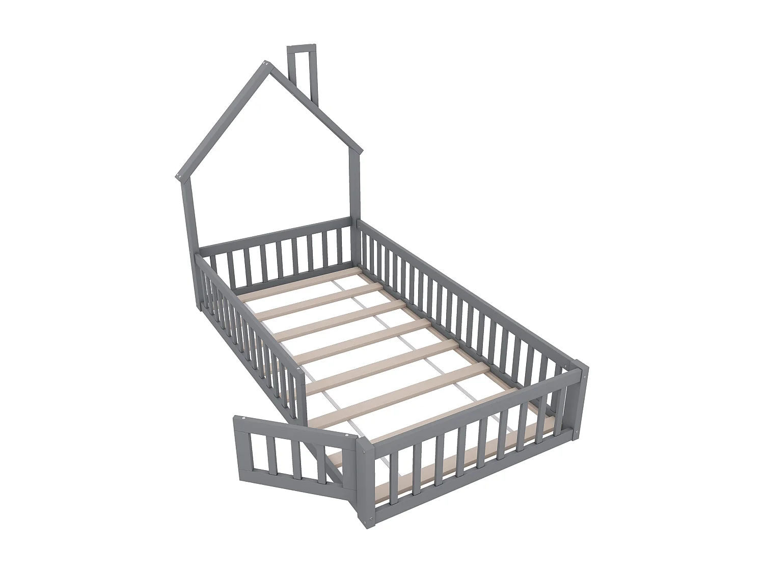 Letto per bambini 90 x 200 cm in legno di pino con sponde di sicurezza e porta, rete a doghe inclusa, grigio