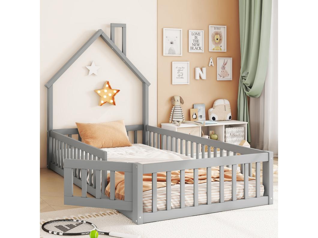 Letto per bambini 90 x 200 cm in legno di pino con sponde di sicurezza e porta, rete a doghe inclusa, grigio