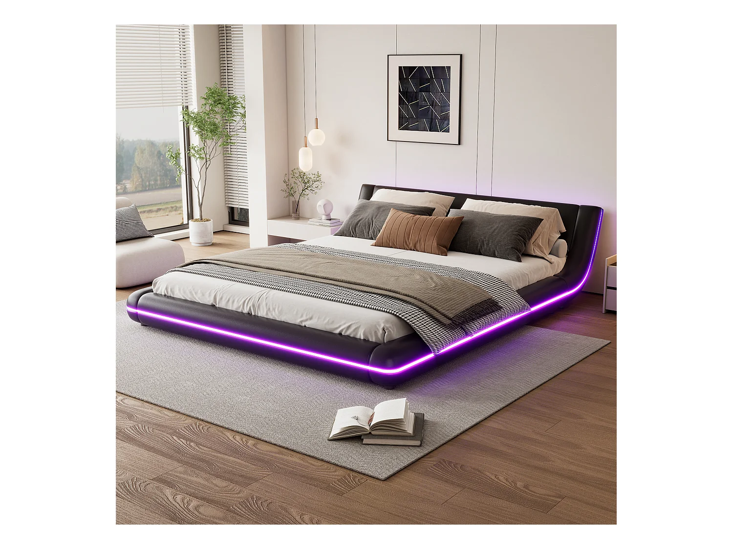 Lit plat 160 x 200 cm avec tête de lit - rembourré en cuir PU - LEDs - style élégant - noir